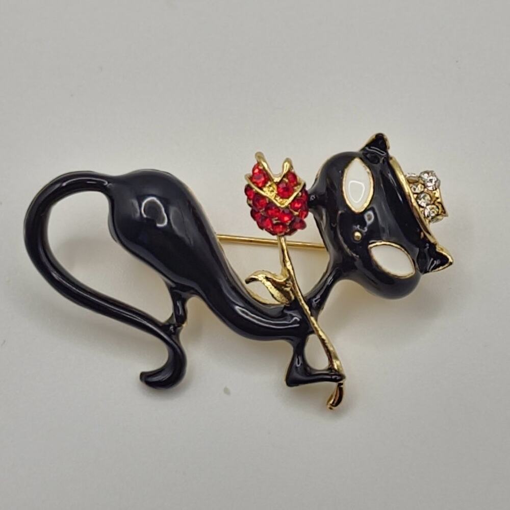Black Cat Brooch W/ Rose And Hat Enamel Body Rhinestone Accents